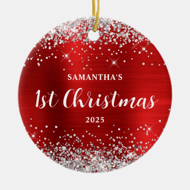 Adorno De Cerámica Silver Glitter Red Foil 1st Christmas (Frente)