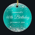 Adorno De Cerámica Silver Glitter Turquoise Foil 40th Birthday<br><div class="desc">Create your own 40th birthday circle ornament for your sister. Customize the block text and/or calligraphy font style. Change the text for any special or milestone birthday. The digital art background features a faux silver glitter and bright turquoise ombre foil. On the backside, you can add a family photo if...</div>