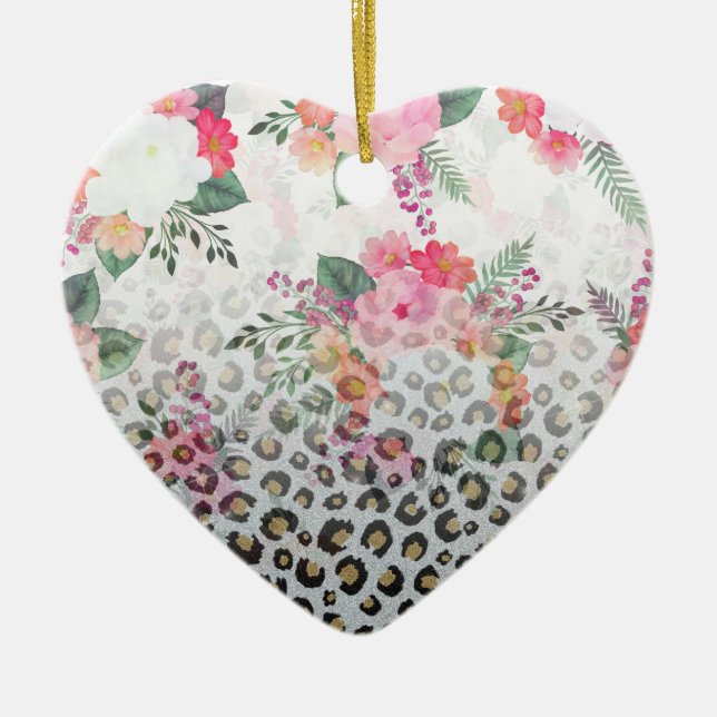 Adorno De Cerámica Silver Gold Black Leopard Print Pink Flowers (Frente)