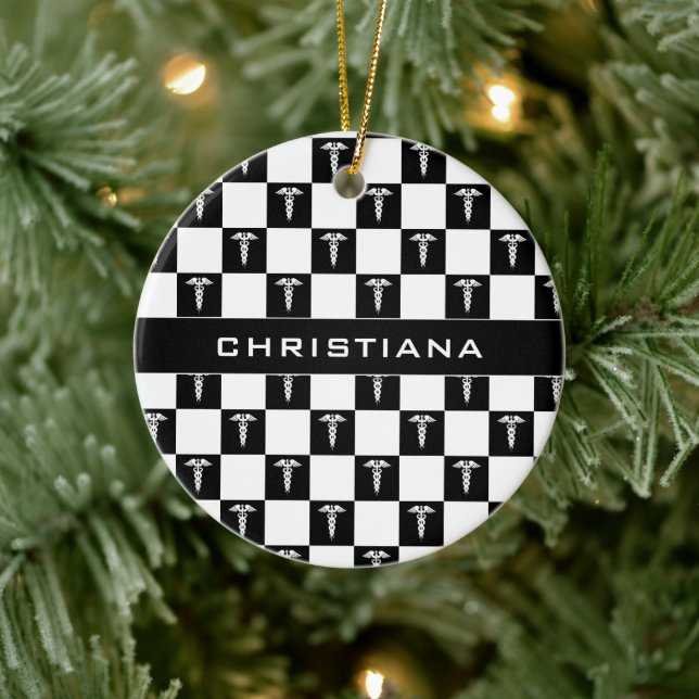 Adorno De Cerámica Símbolo médico personalizado negro y blanco Caduce (Árbol)