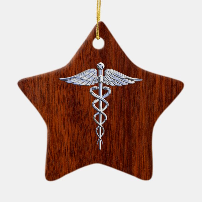 Adorno De Cerámica Símbolo médico plateado parecido a Caduceus Impres (Frente)