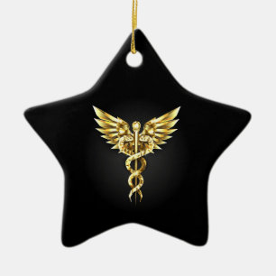 Adorno De Cerámica Símbolo poligonal de oro Caduceus