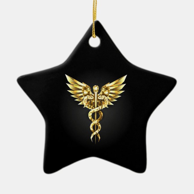 Adorno De Cerámica Símbolo poligonal de oro Caduceus (Frente)