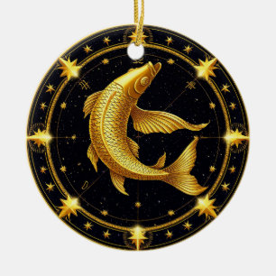 Adorno De Cerámica Símbolo zodiacal de Piscis dorado rodeado de estre