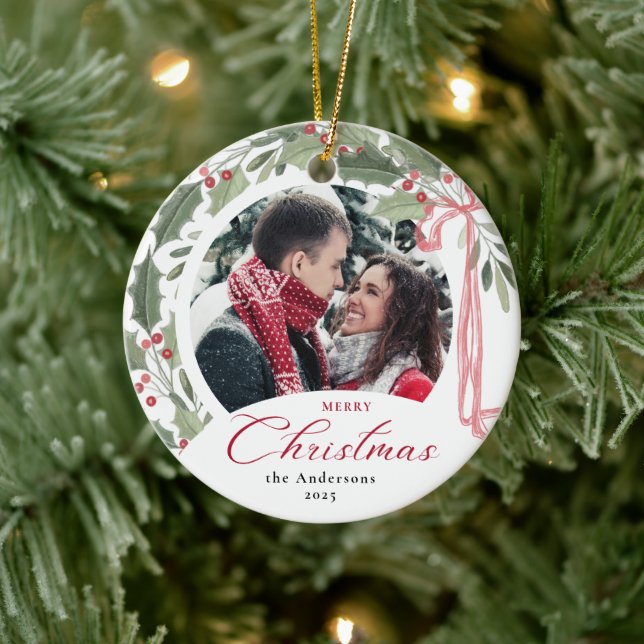 Adorno De Cerámica Simple Elegant Script Family Photo Merry Christmas (Árbol)