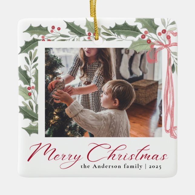 Adorno De Cerámica Simple Elegant Script Family Photo Merry Christmas (Anverso)