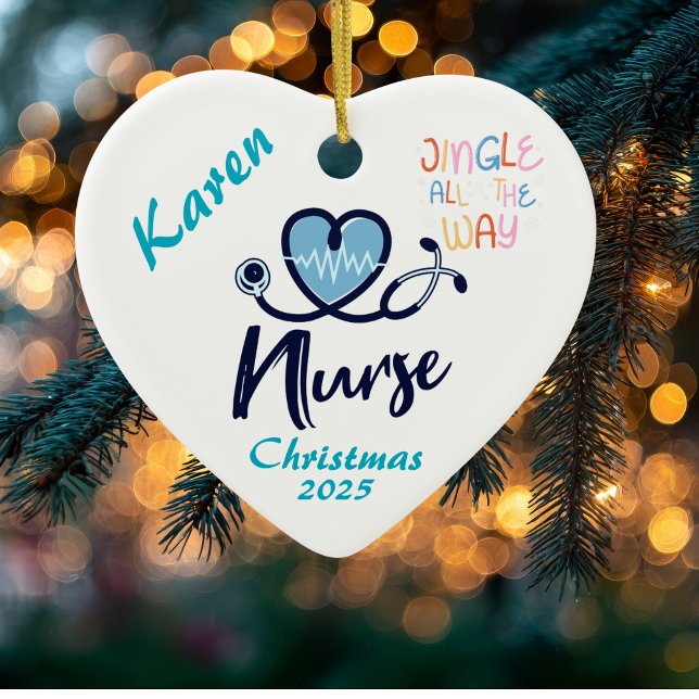 Adorno De Cerámica Simple Jingle/Heart Nurse Blue Personalize (Personalize for the Nurse In your Life.)