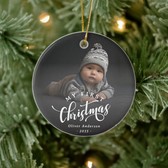 Adorno De Cerámica Simple My First Christmas Calligraphy Script Photo (Árbol)