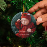 Adorno De Cerámica Simple nuestra primera Navidad como foto de los ab<br><div class="desc">Un diseño sencillo y moderno para este regalo de adorno fotográfico. Para personalizar con tu foto de bebé favorita. También puede cambiar fácilmente el color del tipo de letra a su gusto. Perfecto para celebrar tu Primera Navidad como nuevos abuelos.</div>