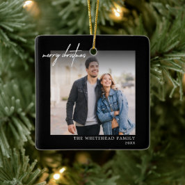 Adorno De Cerámica Simple White Merry Christmas Photo Black