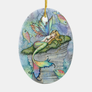 Adorno De Cerámica Sirena Colorida y Pez Carpa Arte de Fantasía