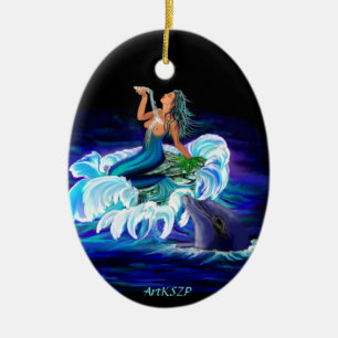 Adorno De Cerámica Sirena con delfín