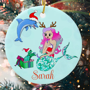 Adorno De Cerámica Sirena de Navidad Abriendo Regalos Nombre