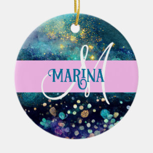 Adorno De Cerámica Sirena Glam Aqua Oro Brillo Purpurina Monograma