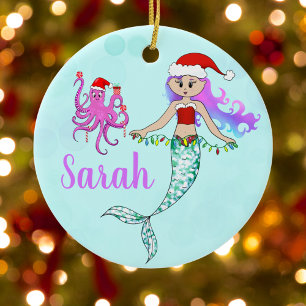Adorno De Cerámica Sirena Linda Sosteniendo Luces de Navidad Nombre