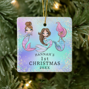 Adorno De Cerámica Sirena niña 1er Navidad