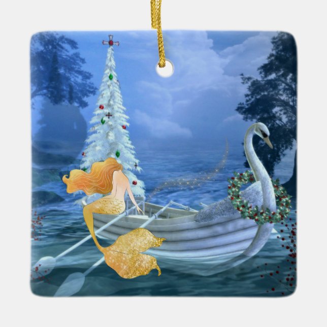 Adorno De Cerámica Sirena personalizada, cisnes y árbol de Navidad (Anverso)