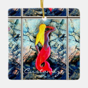 Adorno De Cerámica sirena rubia de cola roja