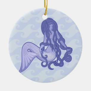 Adorno De Cerámica Sirena sentada azul