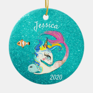 Adorno De Cerámica Sirena Unicornio Sparkle Teal Personalizado con pu