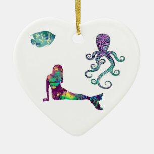 Adorno De Cerámica Sirena y pulpo, playa, océano, sirenas