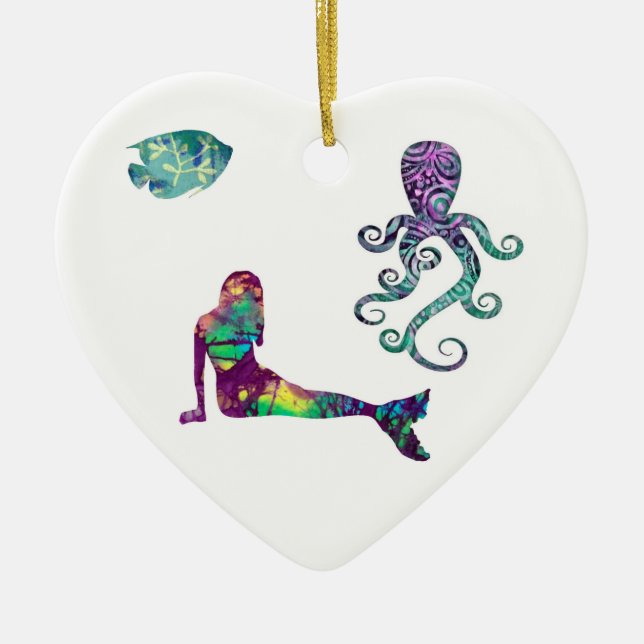 Adorno De Cerámica Sirena y pulpo, playa, océano, sirenas (Frente)