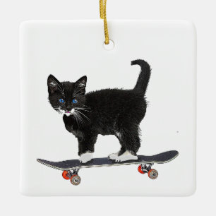 Adorno De Cerámica Skateboard Cat