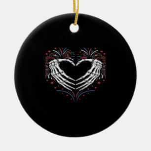 Adorno De Cerámica Skeleton Hand Heart 4De Eeuu Patriótico Americano