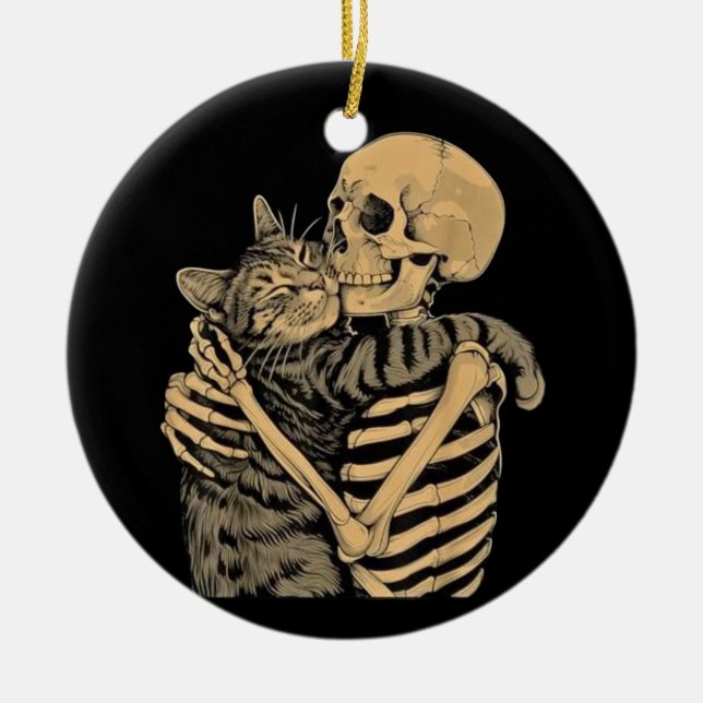 Adorno De Cerámica  Skeleton Hugging Cat – Cute Gothic Cat Lover Gift (Frente)
