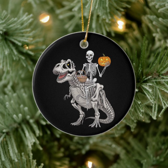 Adorno De Cerámica Skeleton Riding Mummy Dinosaur T rex Halloween (Árbol)