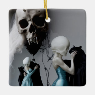 Adorno De Cerámica Skull Black Cat Shadow Work Occult Witchy AI Art