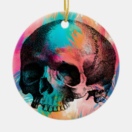 Adorno De Cerámica Skull Sketch Con Fondo De Boho Colorido