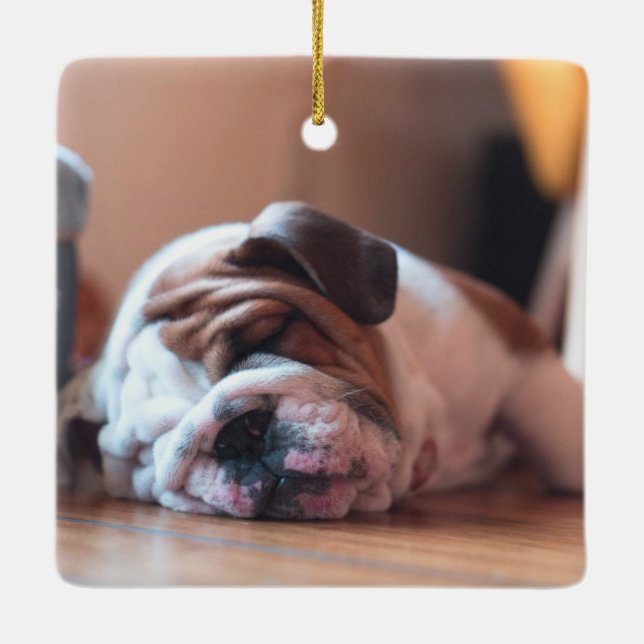 Adorno De Cerámica Sleeping Bulldog Bown and White Puppy (Reverso)