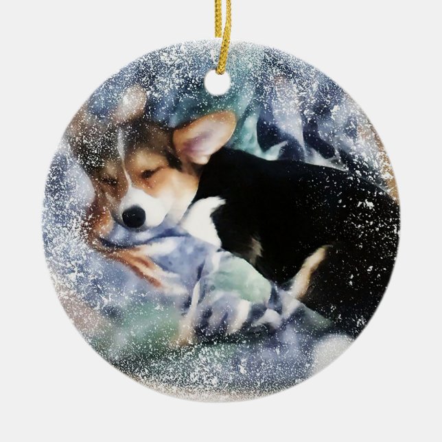Adorno De Cerámica Sleepy Holiday Corgi Puppy (Frente)