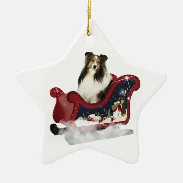 Adorno De Cerámica Sleigh Sheltie (Frente)