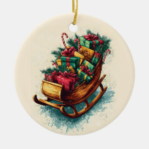 Adorno De Cerámica Sleigh vintage lleno de regalos de Navidad