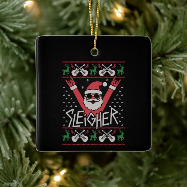 Adorno De Cerámica Sleigher Santa Christmas Rock n Roll Ugly Sweat (Árbol)