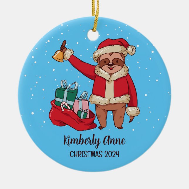 Adorno De Cerámica  Sloth Santa Christmas Animal Snowy Winter Holiday (Frente)