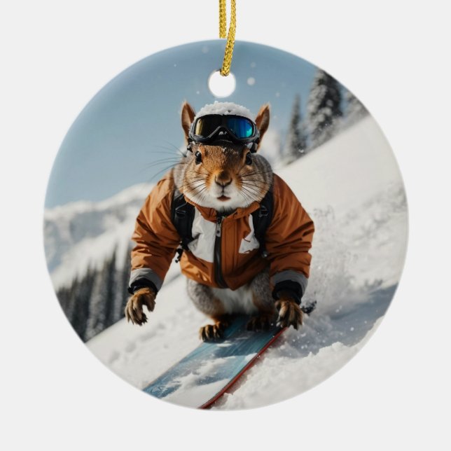 Adorno De Cerámica Snowboard Squirrel Wintertime Whimsical Animal (Frente)