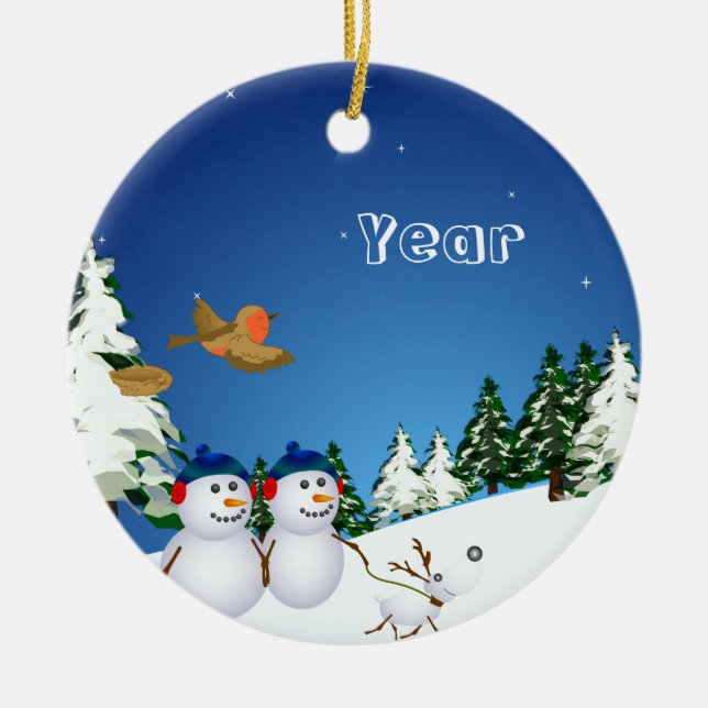 Adorno De Cerámica Snowcouple y perro (Frente)