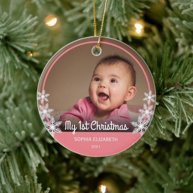 Adorno De Cerámica Snowflakes Baby's First Christmas Photo Pink (Árbol)