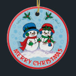 Adorno De Cerámica Snowman<br><div class="desc">Personaliza este Adorable Ornamento De Navidad "Uno De Tipo"! Sr. Y la Sra. Frosty El Hombre De Nieve Está Dando Un Paseo Mágico De Navidades Por Un "Snowy Winter Wonderland"! Diseño Bella Artes original del artista Kerry Miller.</div>