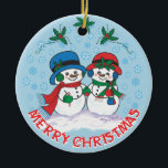 Adorno De Cerámica Snowman<br><div class="desc">¡Este es un único "Uno de bondad" adorno navideño de Snowman! Sr. Y la Sra. Frosty El Hombre de Nieve está dando un paseo mágico por Navidades a través de un Snowy Winter Wonderland! Pintura original Bella Artes del artista Kerry Miller.</div>