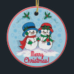 Adorno De Cerámica Snowman<br><div class="desc">Personalice este original "One Of A Kind" Ornamento navideño de Snowman! Sr. Y la Sra. Frosty El Hombre De Nieve Está Dando Un Paseo Mágico De Navidades Por Un "Snowy Winter Wonderland"! Diseño Bella Artes original del artista Kerry Miller.</div>