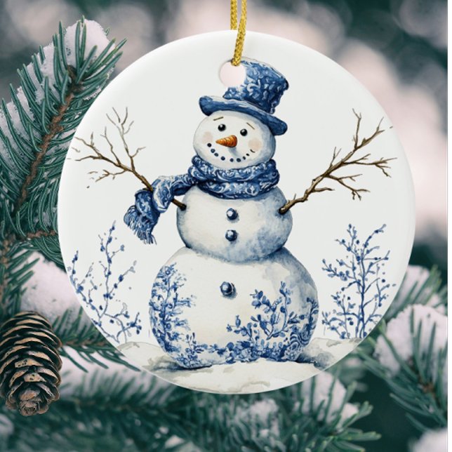 Adorno De Cerámica Snowman Blue White de Chinoiserie personalizada (Personalize on the back!)