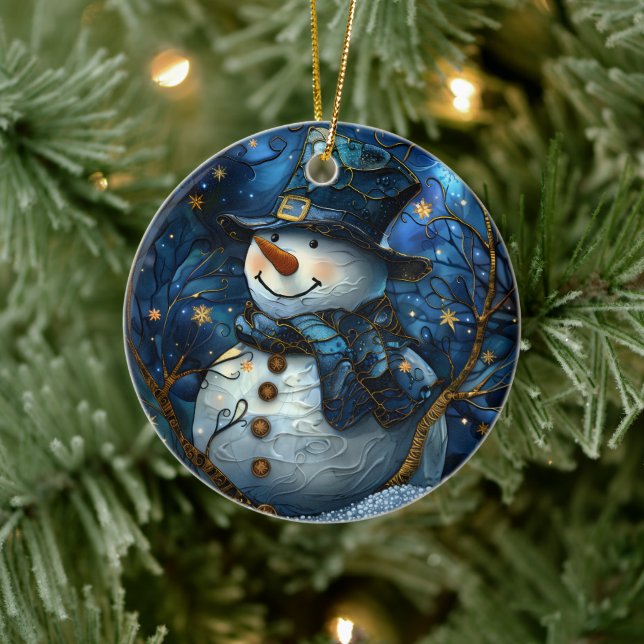 Adorno De Cerámica Snowman Christmas Ornament Blue Faux Stained Glass (Árbol)