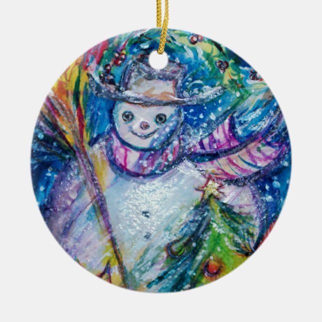 ADORNO DE CERÁMICA SNOWMAN CON ÁRBOL DE NAVIDAD Y JUGUETES (Frente)
