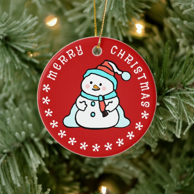 Adorno De Cerámica Snowman con nombre personalizado | Rojo curado (Árbol)