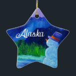 Adorno De Cerámica Snowman Dreams Ceramic STAR Ornament con ALASKA<br><div class="desc">Celebrando a los hombres de nieve de Alaska</div>