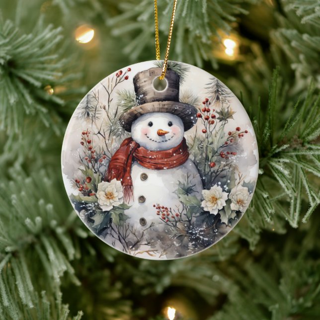 Adorno De Cerámica Snowman en un Navidad de pañuelos rojos (Árbol)